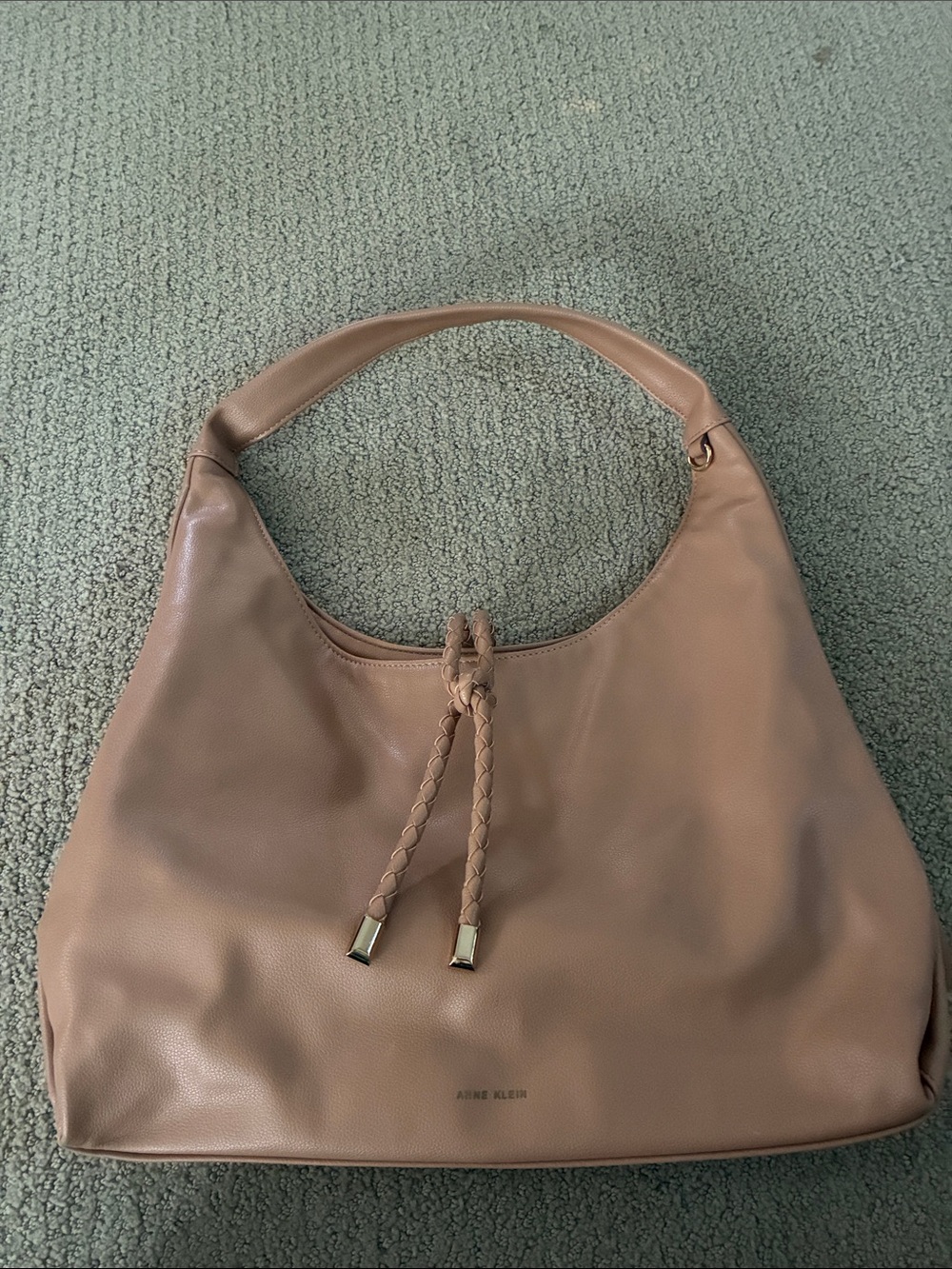 Anne Klein Taupe Pebbled Leather Braided-Drawstring Hobo Shoulder Bag